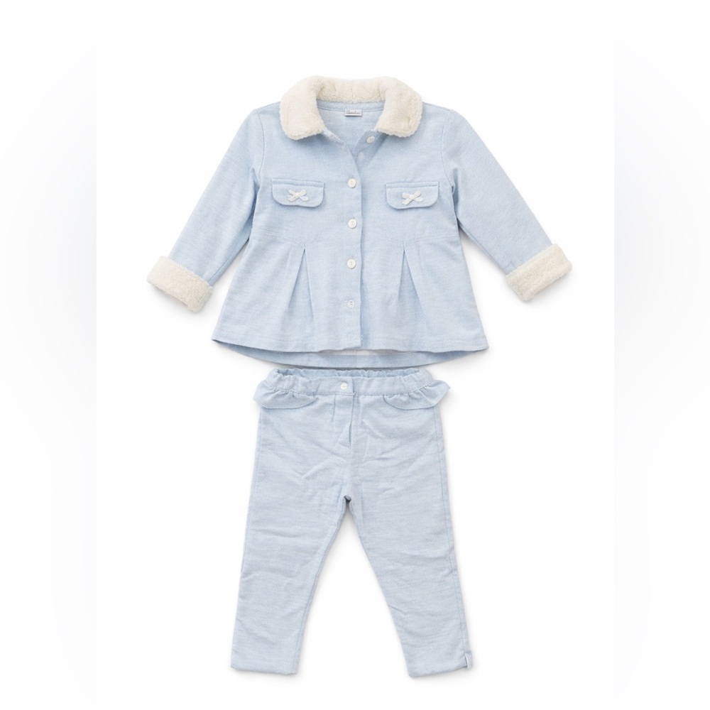 Patachou Baby Blue Faux Fur Collar Coat & Pants Set 3T | Boutique EU Outfit